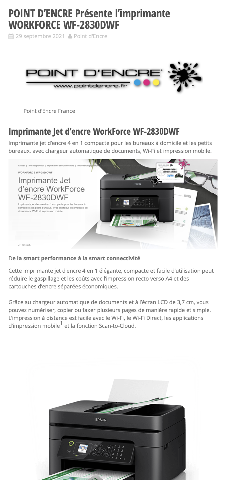WF-2960DWF Imprimante Recto Verso Automatique WI-Fi Jet d'Encre Noir