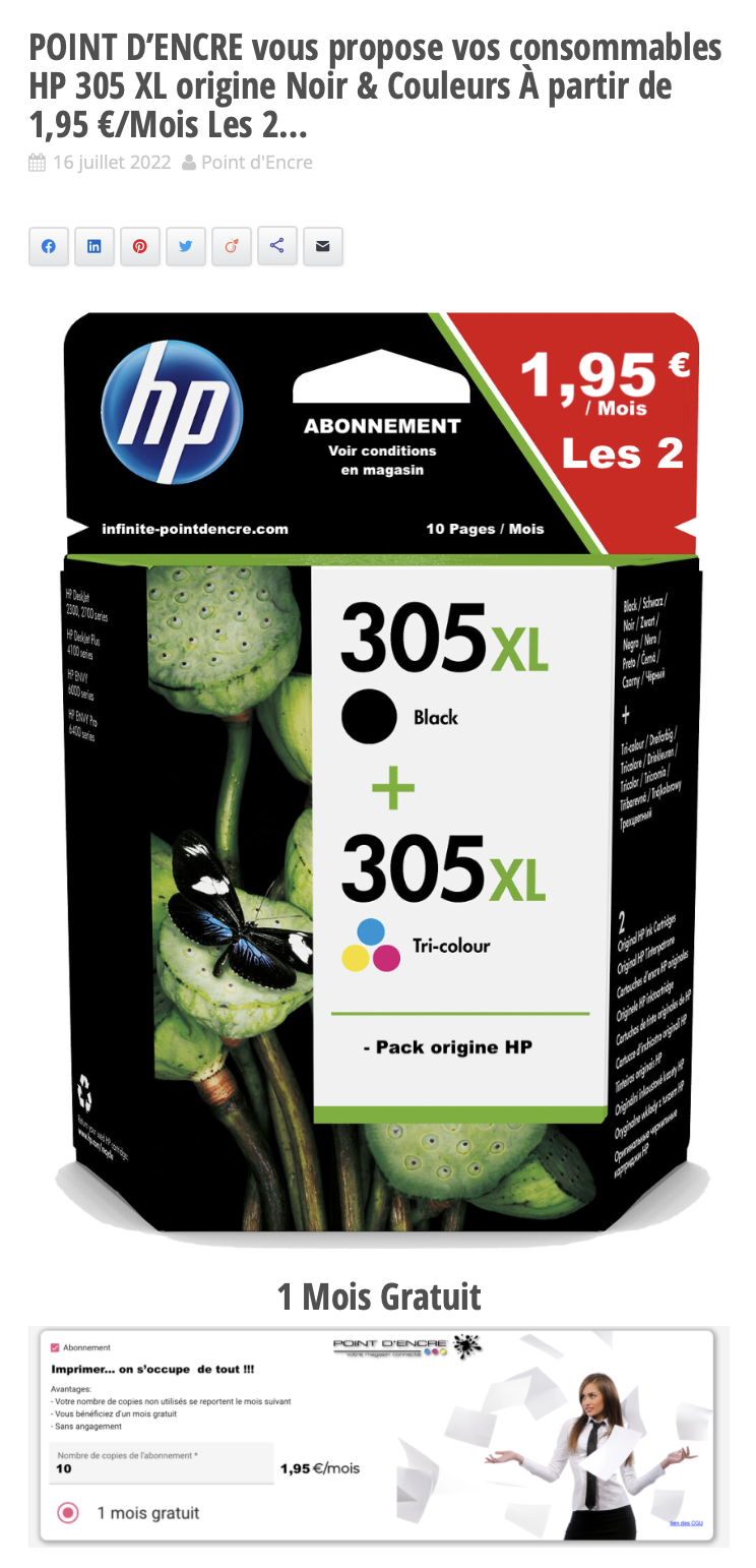 POINT D'ENCRE vous propose vos consommables HP 305 XL origine Noir & Couleurs À partir de 1,95 €/Mois Les 2...