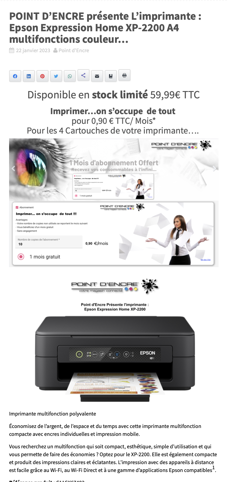 POINT D’ENCRE présente L’imprimante : Epson Expression Home XP-2200 A4 multifonctions couleur…