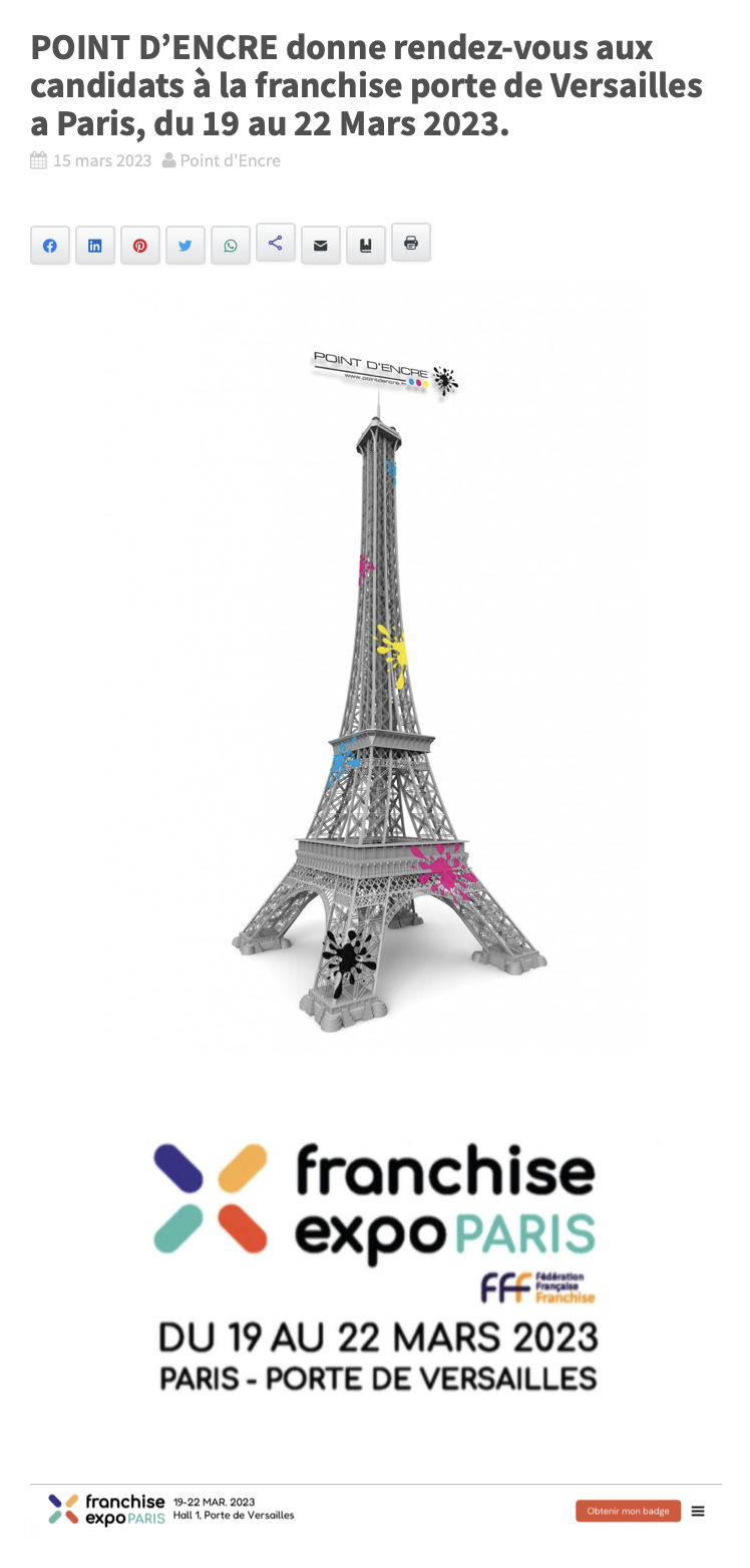 POINT D’ENCRE donne rendez-vous aux candidats à la franchise porte de Versailles a Paris, du 19 au 22 Mars 2023.