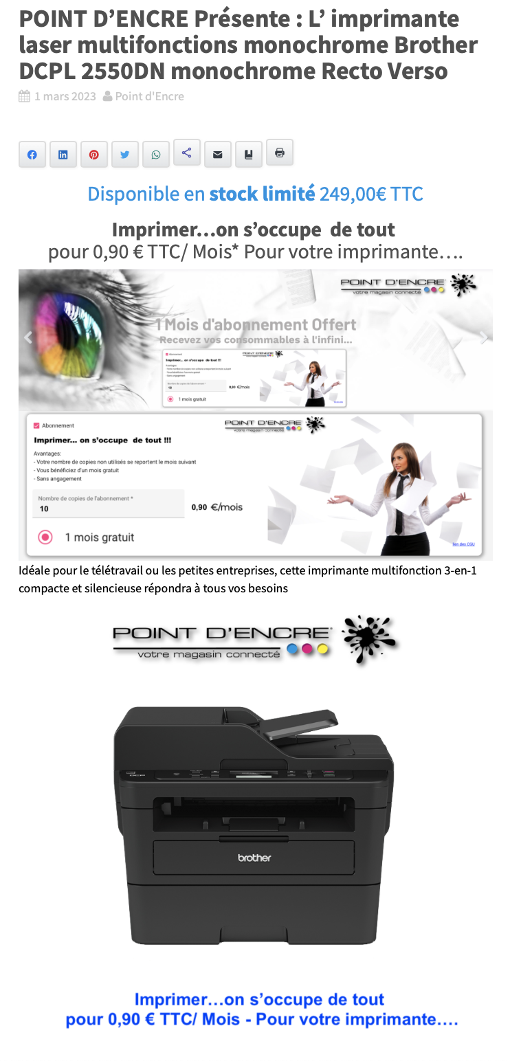 POINT D’ENCRE Présente : L’ imprimante laser multifonctions monochrome Brother DCPL 2550DN monochrome Recto Verso