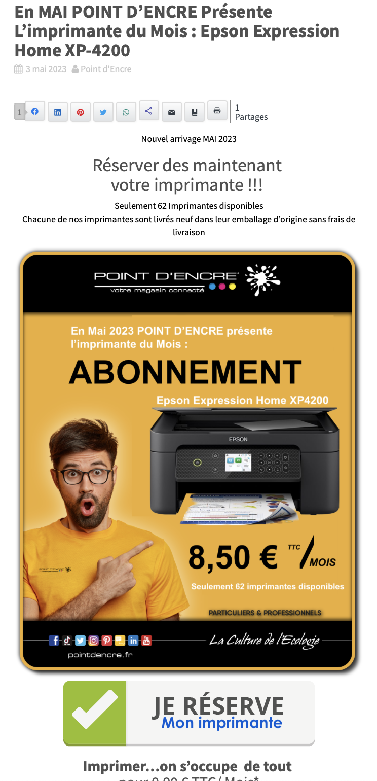 En MAI POINT D’ENCRE Présente L’imprimante du Mois : Epson Expression Home XP-4200
