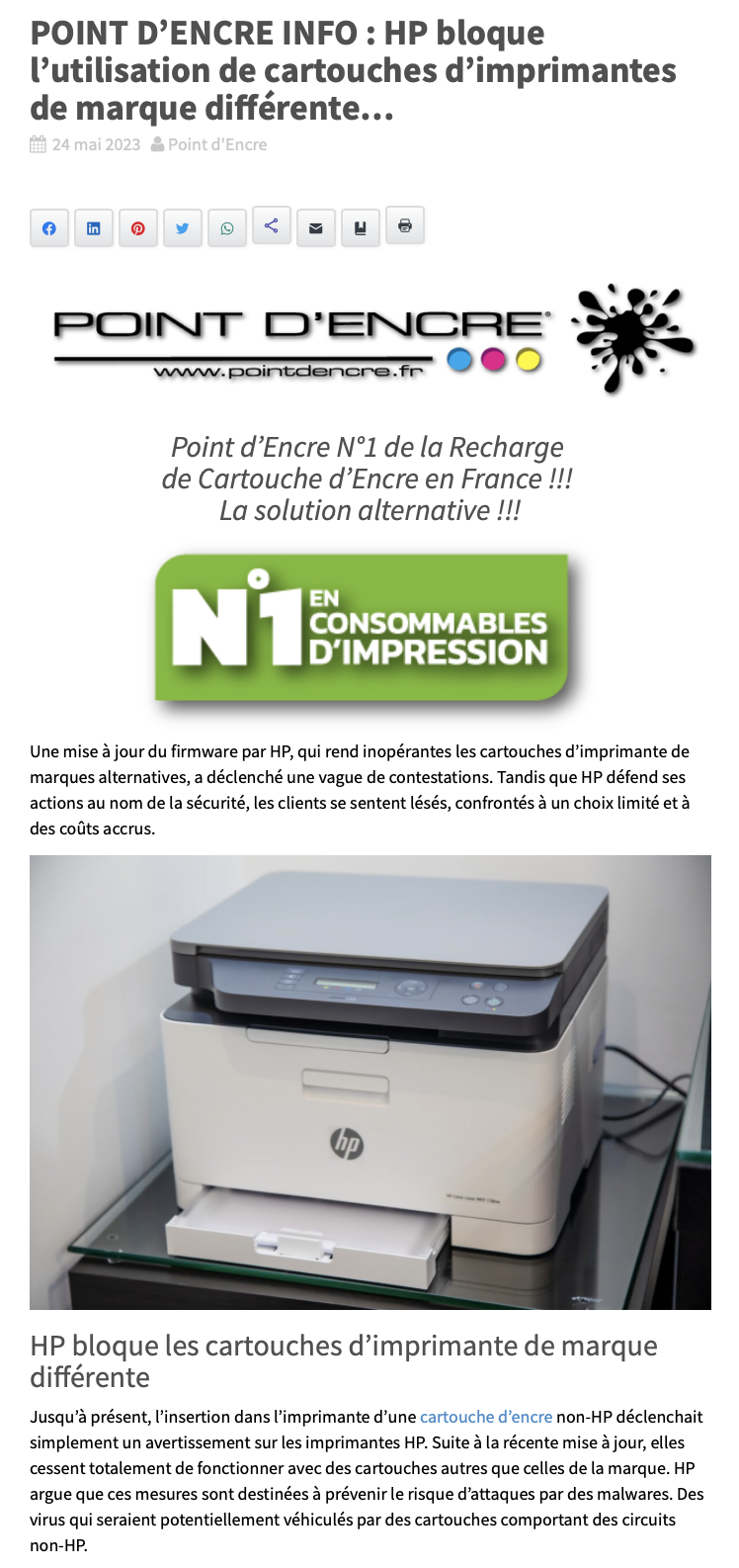 POINT D'ENCRE INFO : HP bloque l’utilisation de cartouches d’imprimantes de marque différente...