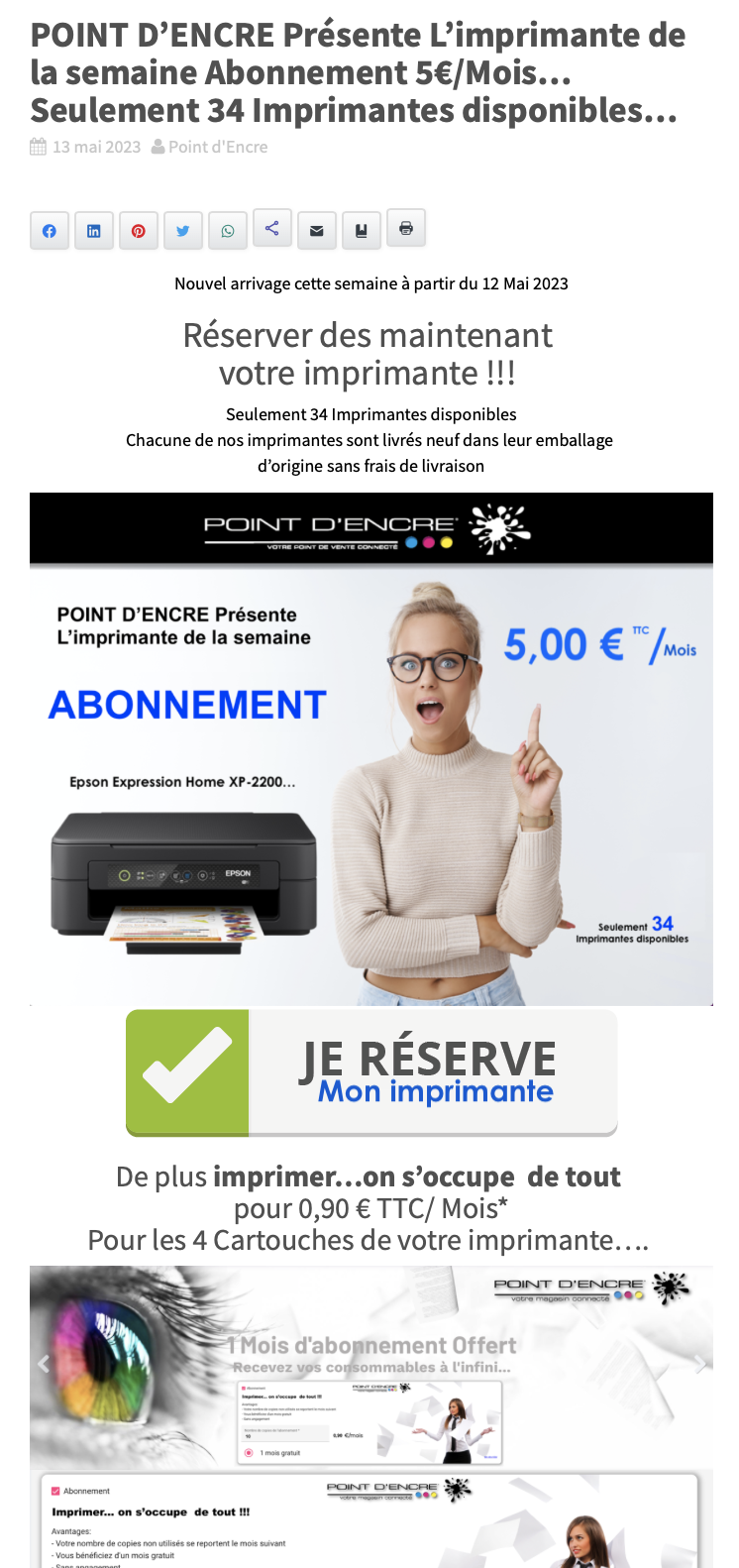 POINT D’ENCRE Présente L’imprimante de la semaine Abonnement 5€/Mois… Seulement 34 Imprimantes disponibles...