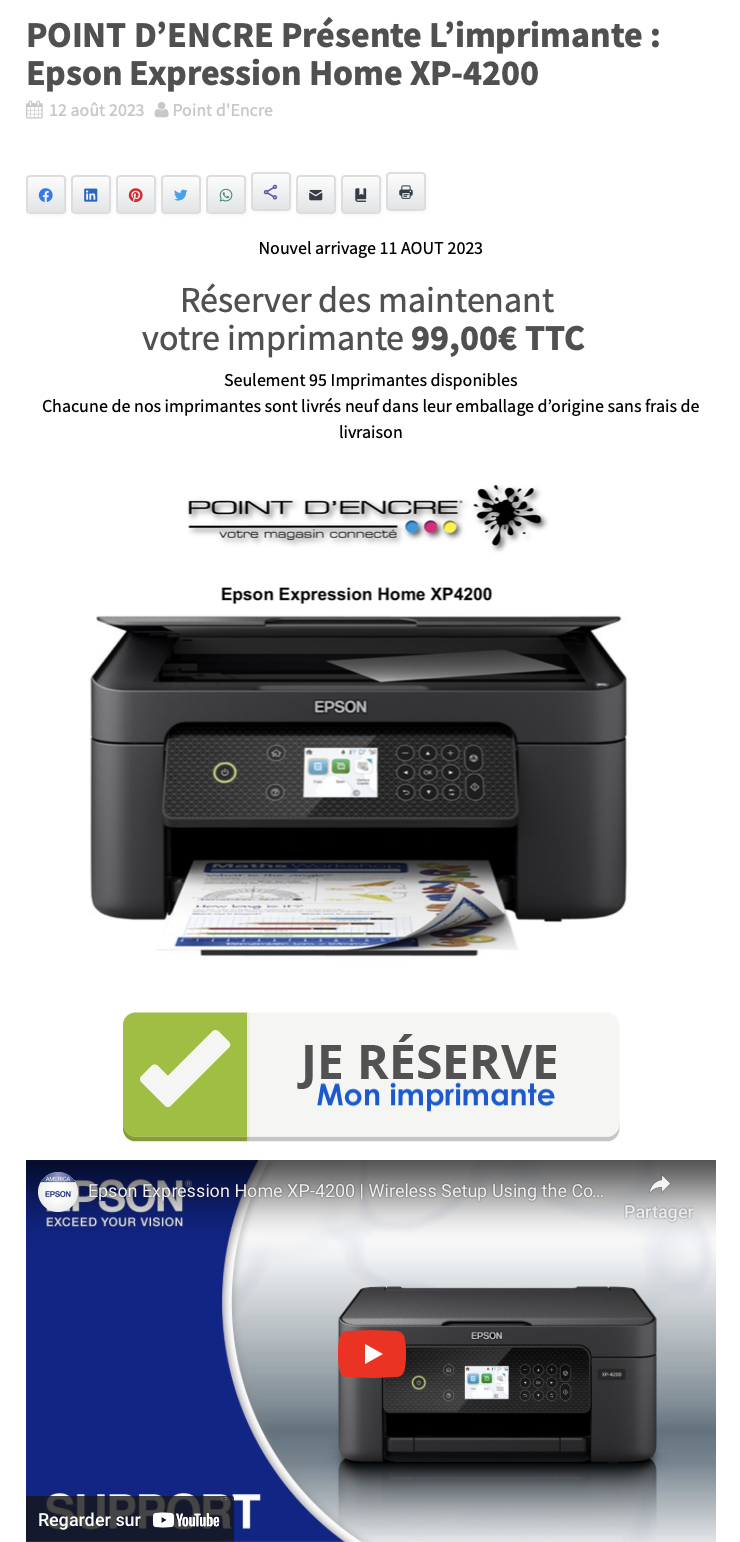 POINT D’ENCRE Présente L’imprimante : Epson Expression Home XP-4200