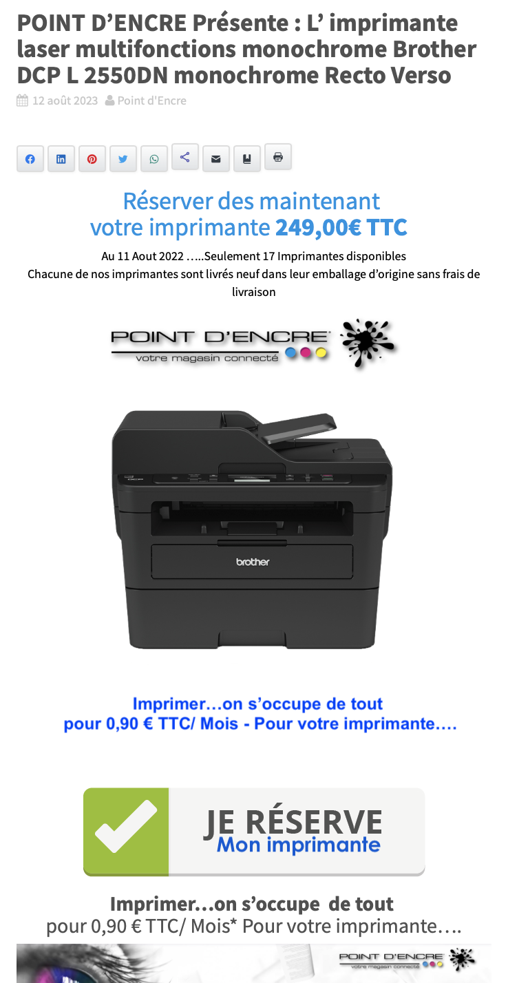POINT D’ENCRE Présente : L’ imprimante laser multifonctions monochrome Brother DCP L 2550DN monochrome Recto Verso