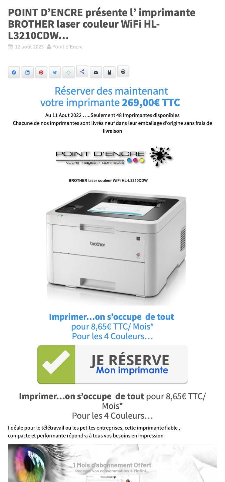 POINT D’ENCRE présente l’ imprimante BROTHER laser couleur WiFi HL-L3210CDW...