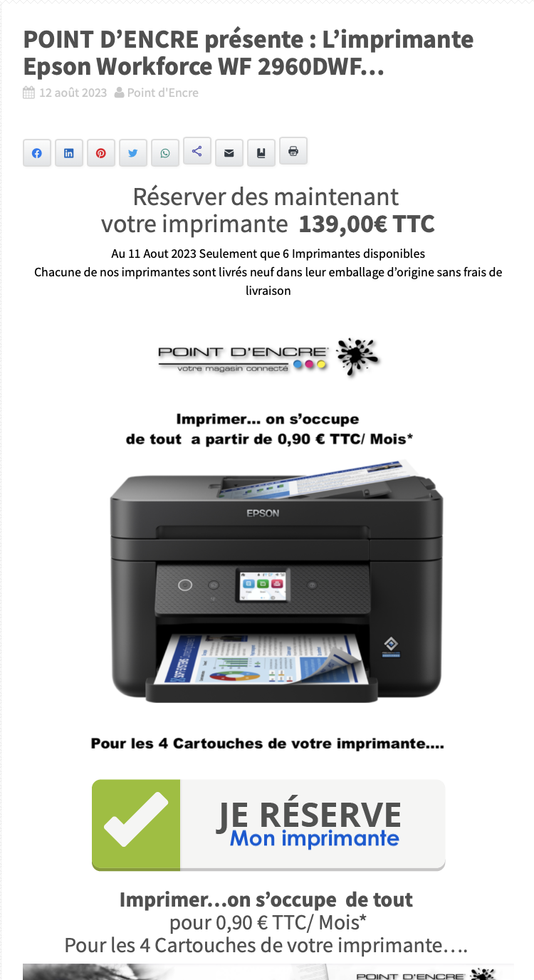 POINT D’ENCRE présente : L’imprimante Epson Workforce WF 2960DWF… 