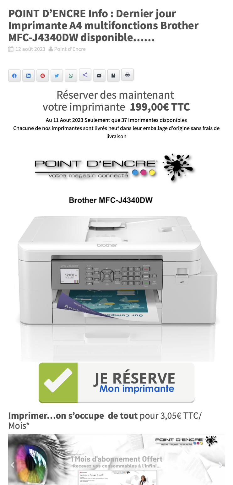 POINT D'ENCRE Info : Dernier jour Imprimante A4 multifonctions Brother MFC-J4340DW disponible……