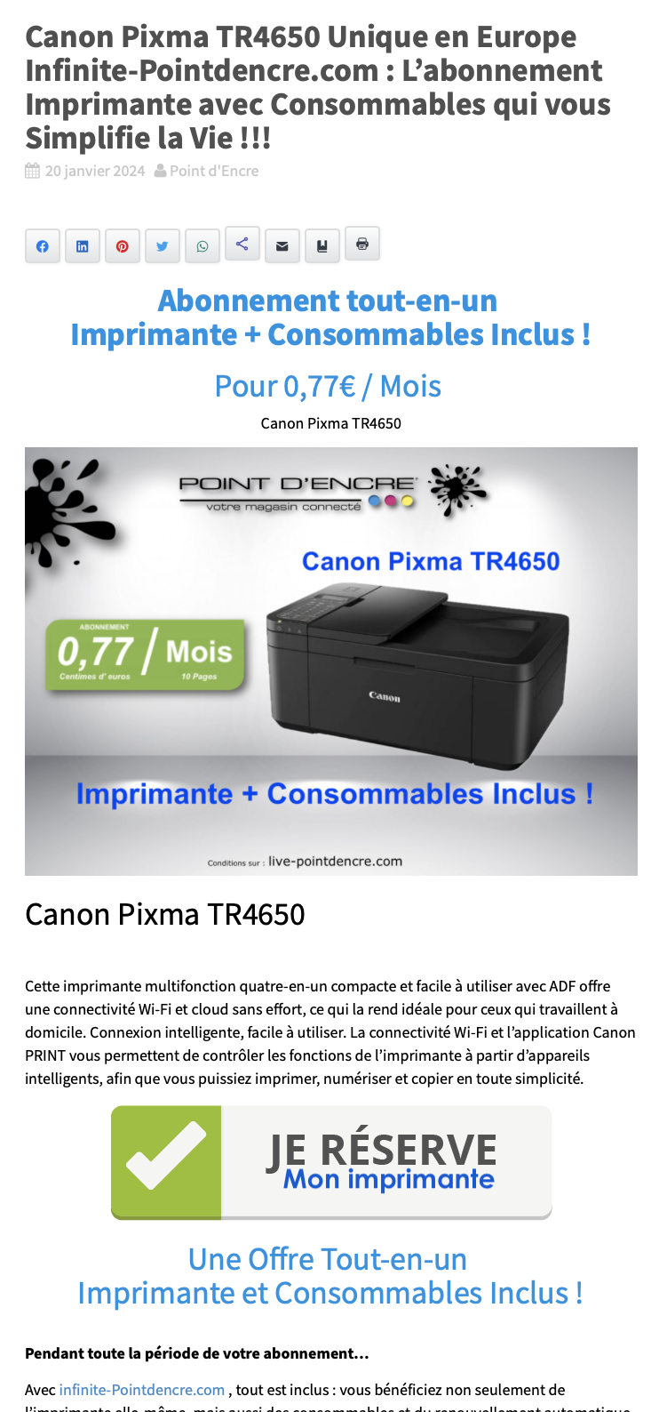 Canon Pixma TR4650 Unique en Europe Infinite-Pointdencre.com : L’abonnement Imprimante avec Consommables qui vous Simplifie la Vie !!!