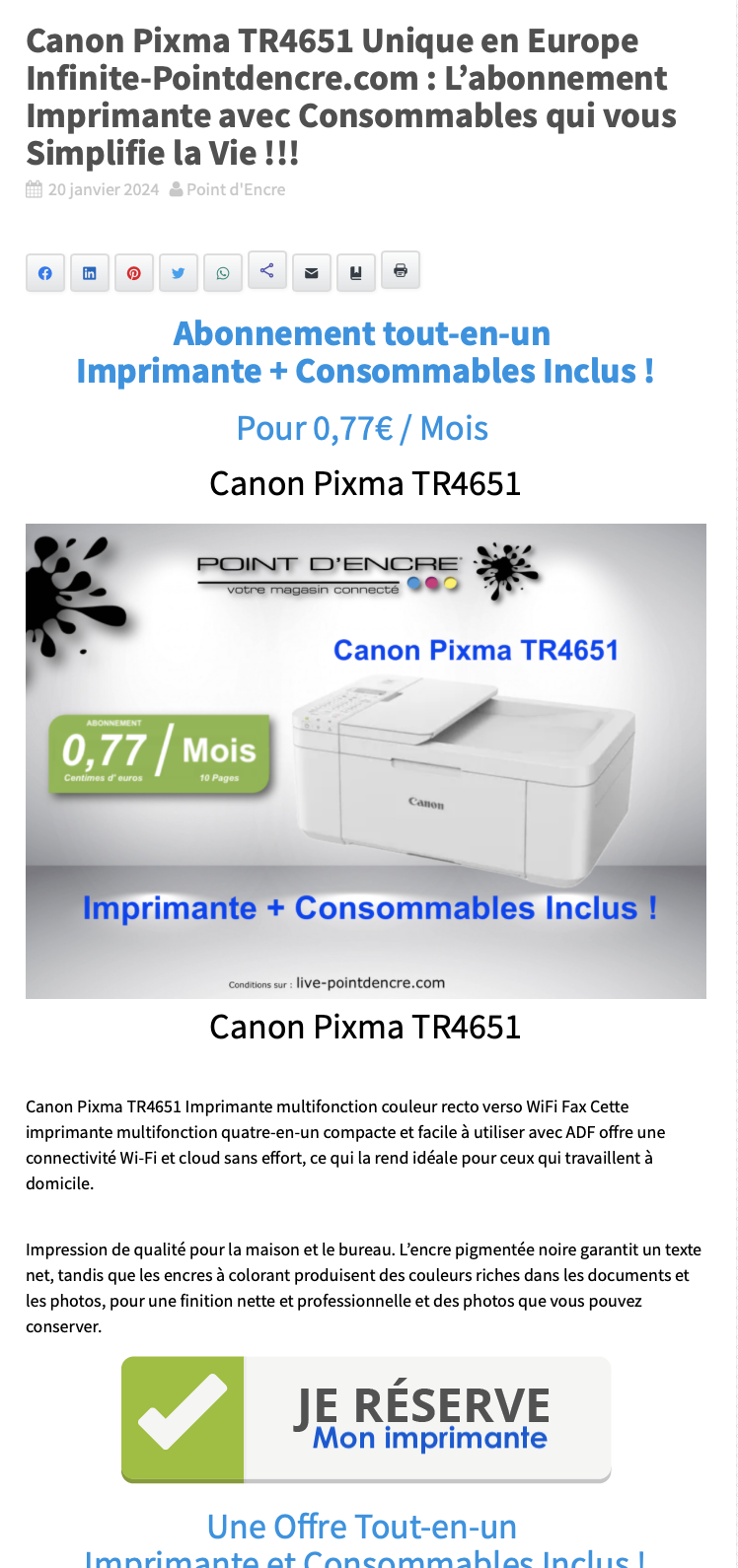 Canon Pixma TR4651 Unique en Europe Infinite-Pointdencre.com : L’abonnement Imprimante avec Consommables qui vous Simplifie la Vie !!!