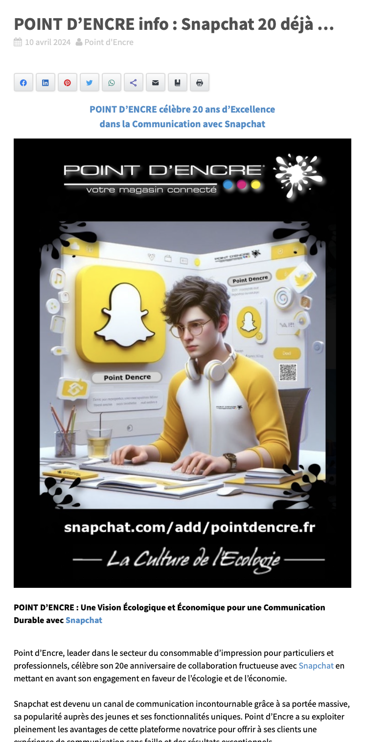 POINT D'ENCRE info : Snapchat 20 déjà …
