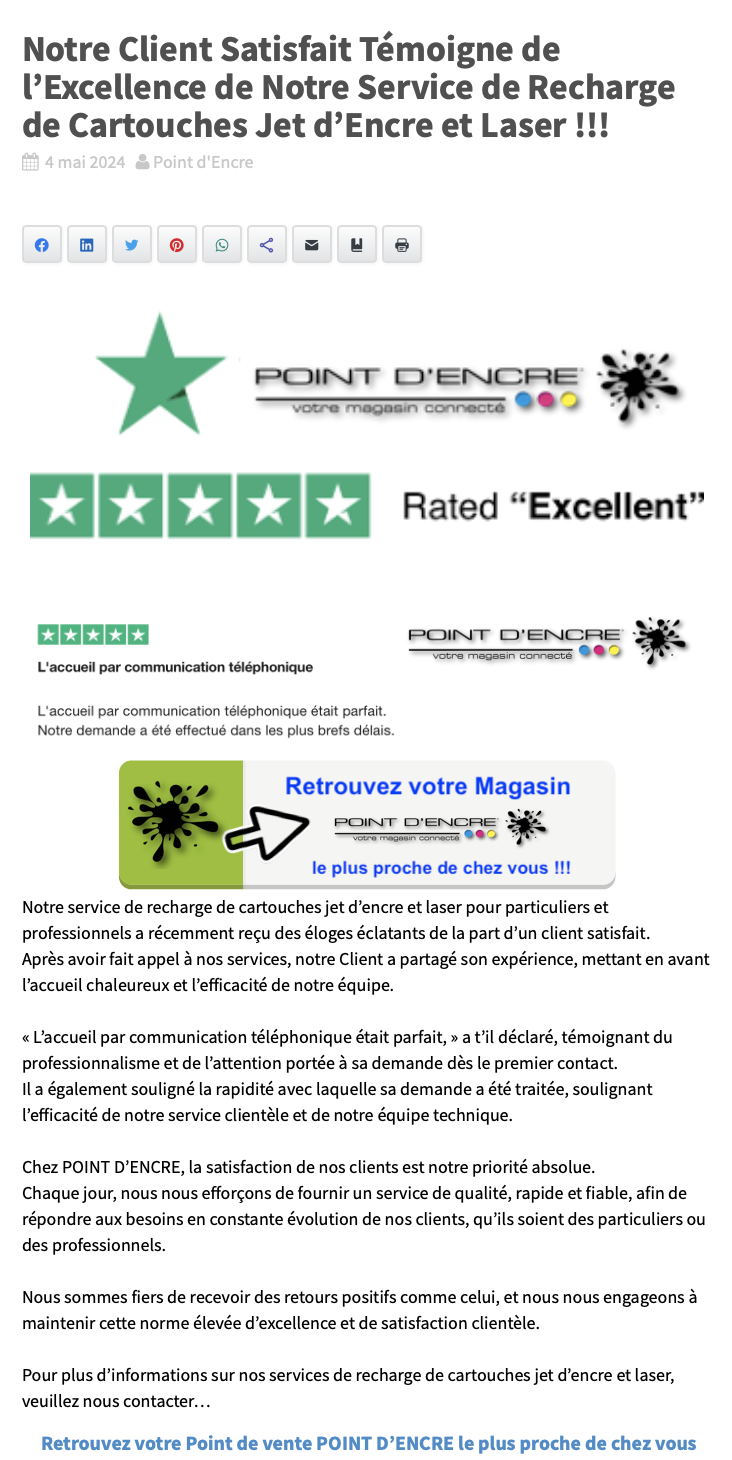 Notre Client Satisfait Témoigne de l'Excellence de Notre Service de Recharge de Cartouches Jet d'Encre et Laser !!!