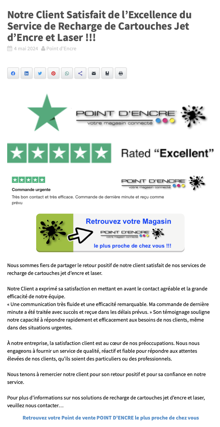 Notre Client Satisfait de l'Excellence du Service de Recharge de Cartouches Jet d'Encre et Laser !!!