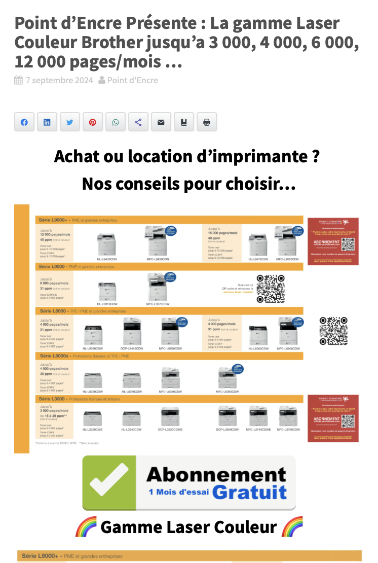 Point d’Encre Présente : La gamme Laser Couleur Brother jusqu’a 3 000, 4 000, 6 000, 12 000 pages/mois …